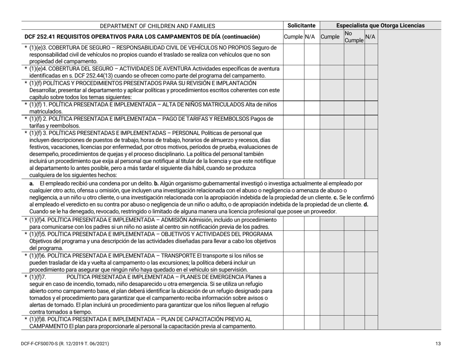 Formulario DCF-F-CFS0070-S Lista De Verificacion De La Licencia Inicial - Campamentos De Dia - Wisconsin (Spanish), Page 13