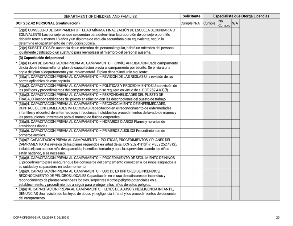 Formulario DCF-F-CFS0070-S Lista De Verificacion De La Licencia Inicial - Campamentos De Dia - Wisconsin (Spanish), Page 20