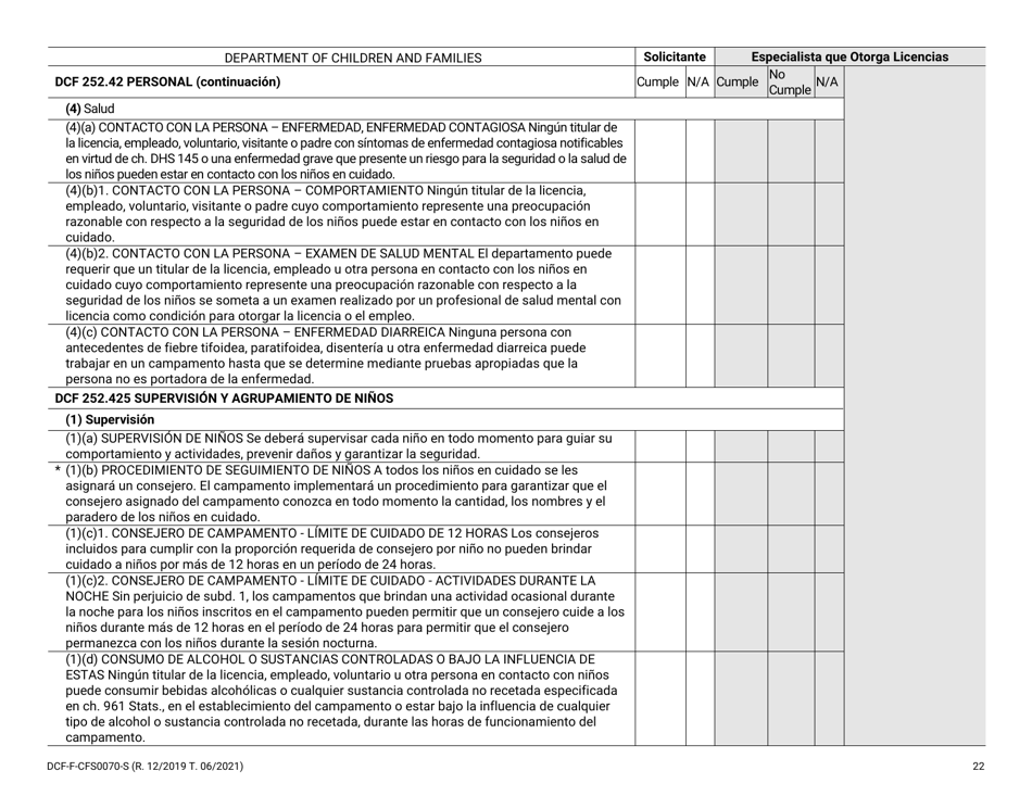 Formulario DCF-F-CFS0070-S Lista De Verificacion De La Licencia Inicial - Campamentos De Dia - Wisconsin (Spanish), Page 22