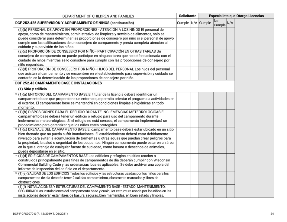 Formulario DCF-F-CFS0070-S Lista De Verificacion De La Licencia Inicial - Campamentos De Dia - Wisconsin (Spanish), Page 24
