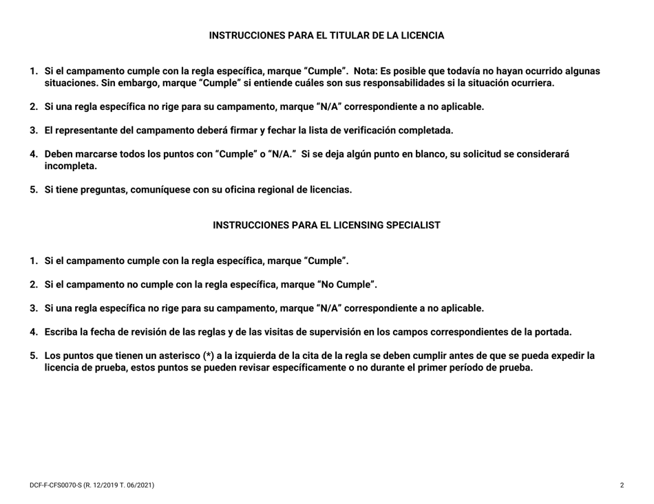 Formulario DCF-F-CFS0070-S Lista De Verificacion De La Licencia Inicial - Campamentos De Dia - Wisconsin (Spanish), Page 2