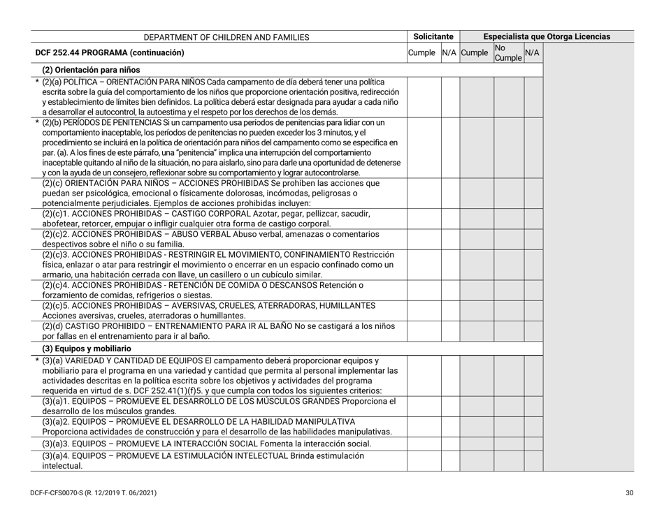 Formulario DCF-F-CFS0070-S Lista De Verificacion De La Licencia Inicial - Campamentos De Dia - Wisconsin (Spanish), Page 30