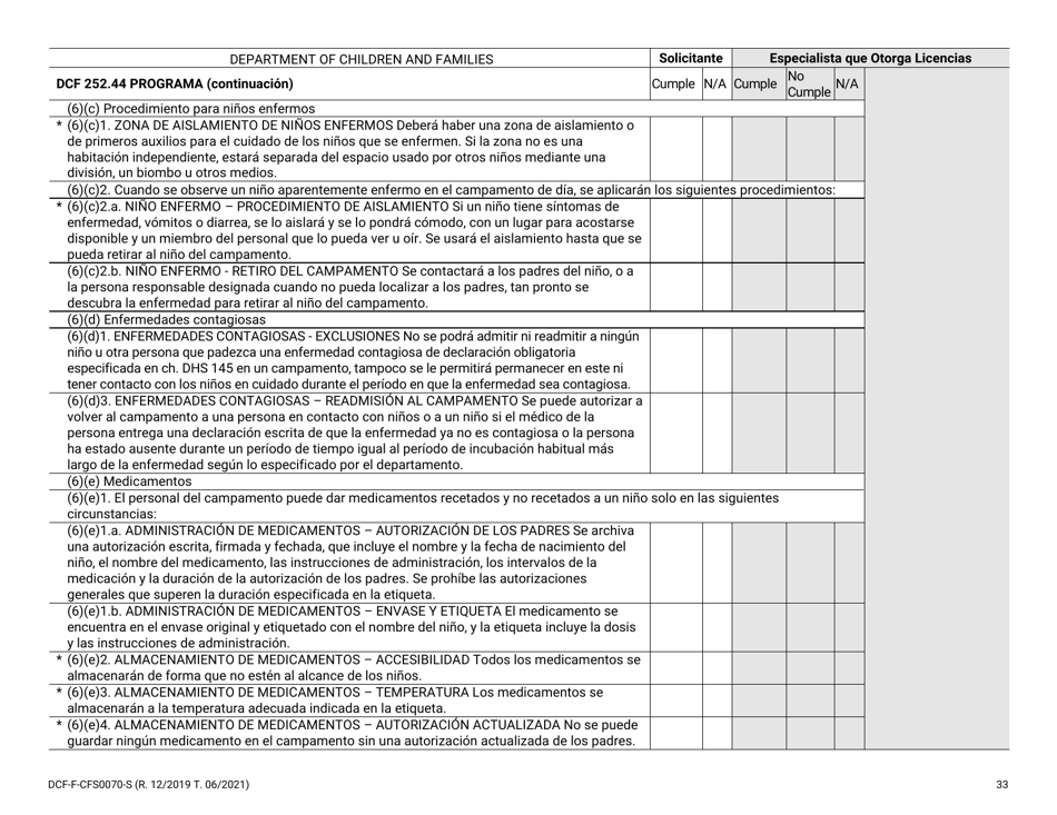 Formulario DCF-F-CFS0070-S Lista De Verificacion De La Licencia Inicial - Campamentos De Dia - Wisconsin (Spanish), Page 33