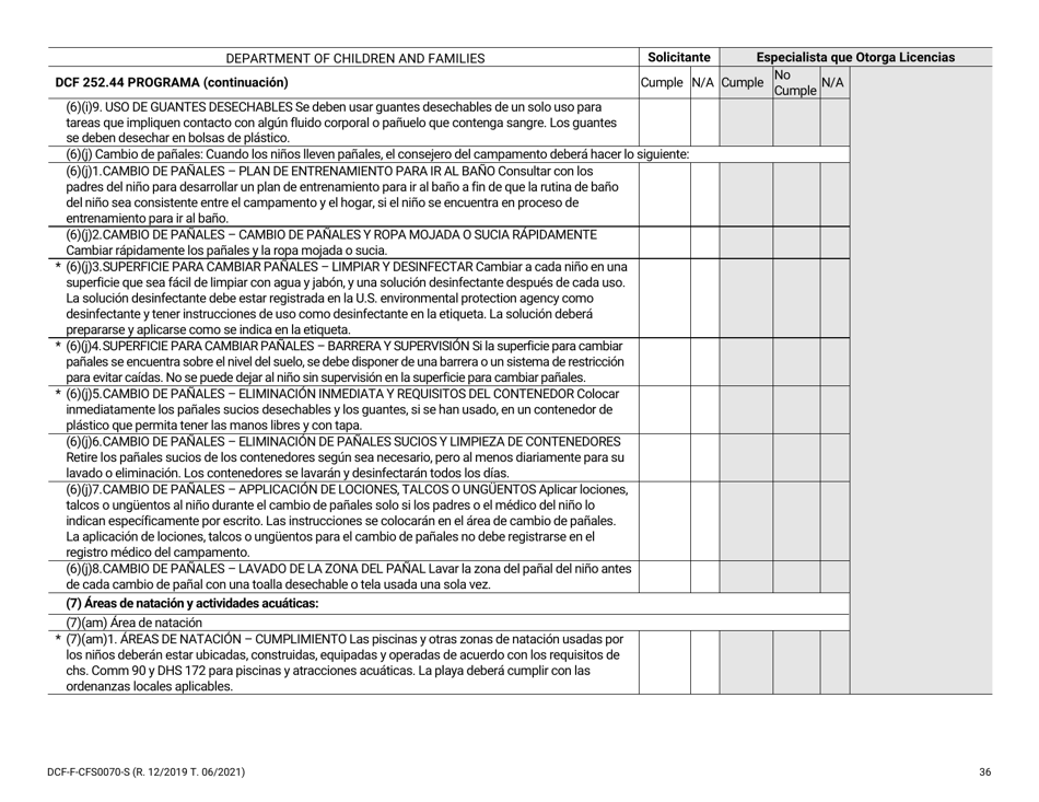 Formulario DCF-F-CFS0070-S Lista De Verificacion De La Licencia Inicial - Campamentos De Dia - Wisconsin (Spanish), Page 36