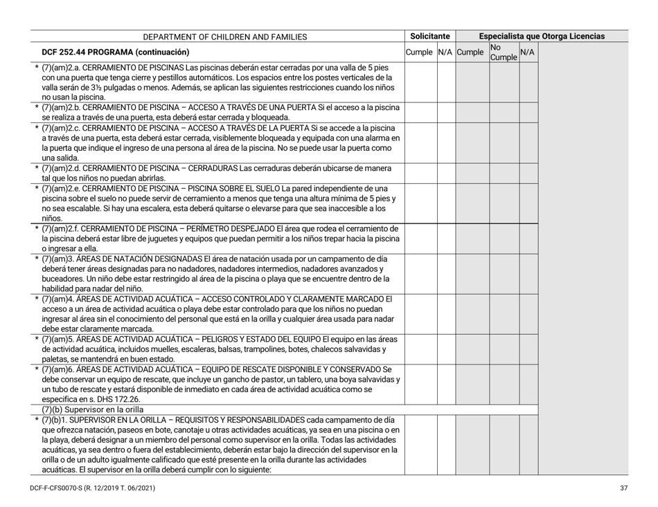 Formulario DCF-F-CFS0070-S Lista De Verificacion De La Licencia Inicial - Campamentos De Dia - Wisconsin (Spanish), Page 37
