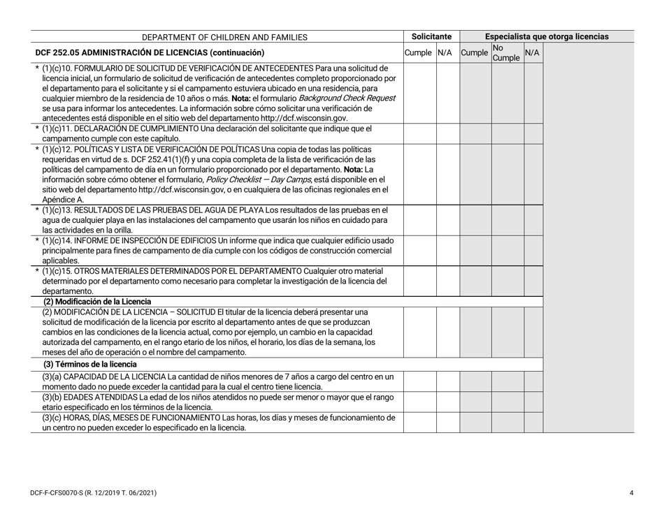 Formulario DCF-F-CFS0070-S Lista De Verificacion De La Licencia Inicial - Campamentos De Dia - Wisconsin (Spanish), Page 4