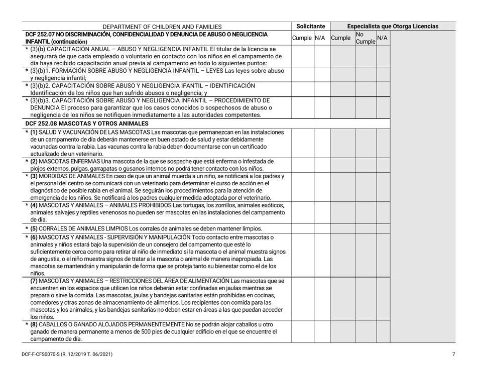 Formulario DCF-F-CFS0070-S Lista De Verificacion De La Licencia Inicial - Campamentos De Dia - Wisconsin (Spanish), Page 7