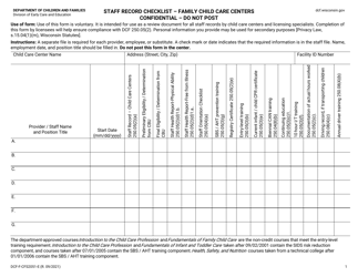 Document preview: Form DCF-F-CFS2051E Staff Record Checklist - Family Child Care Centers - Wisconsin