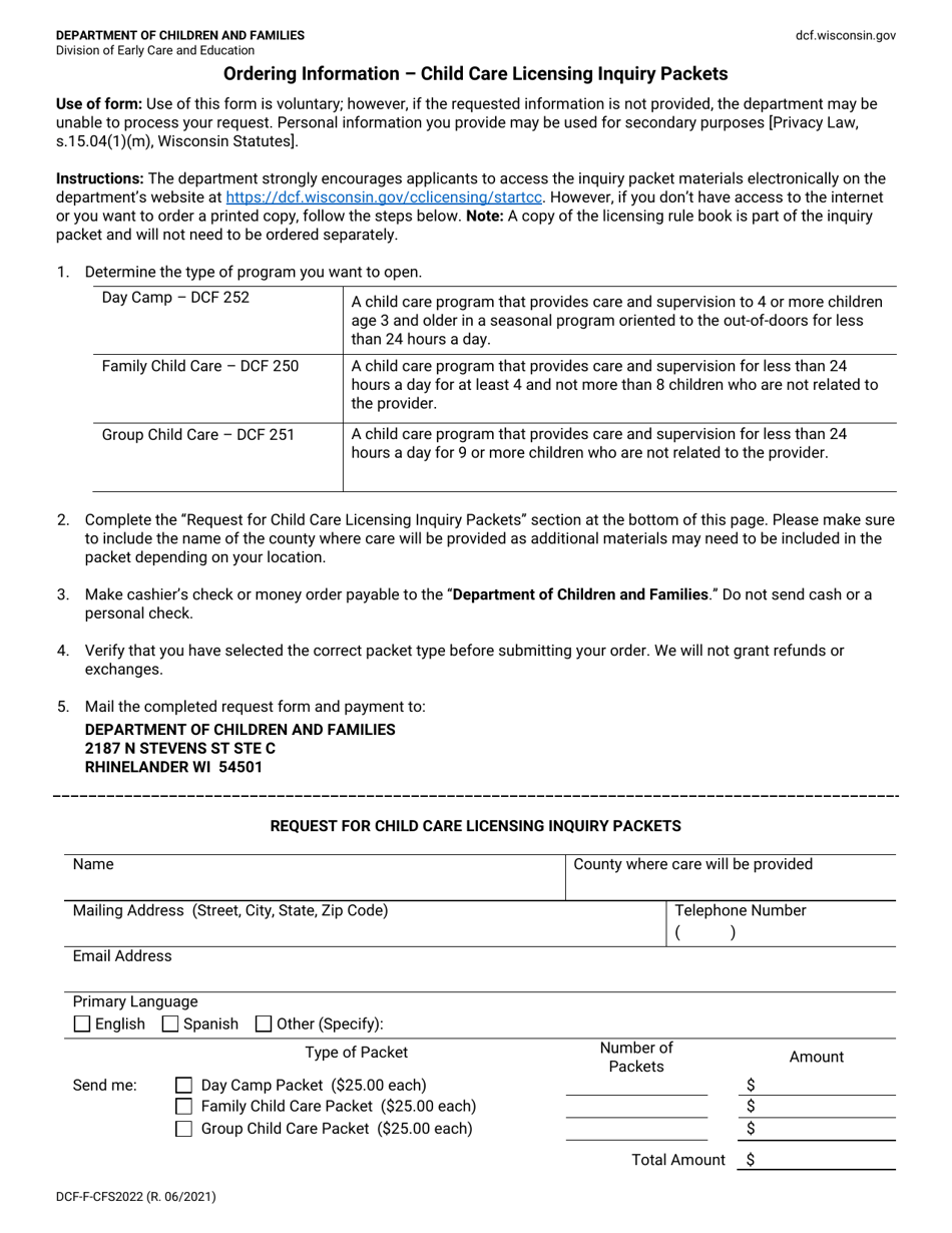 Form DCF-F-CFS2022 Ordering Information - Child Care Licensing Inquiry Packets - Wisconsin, Page 1