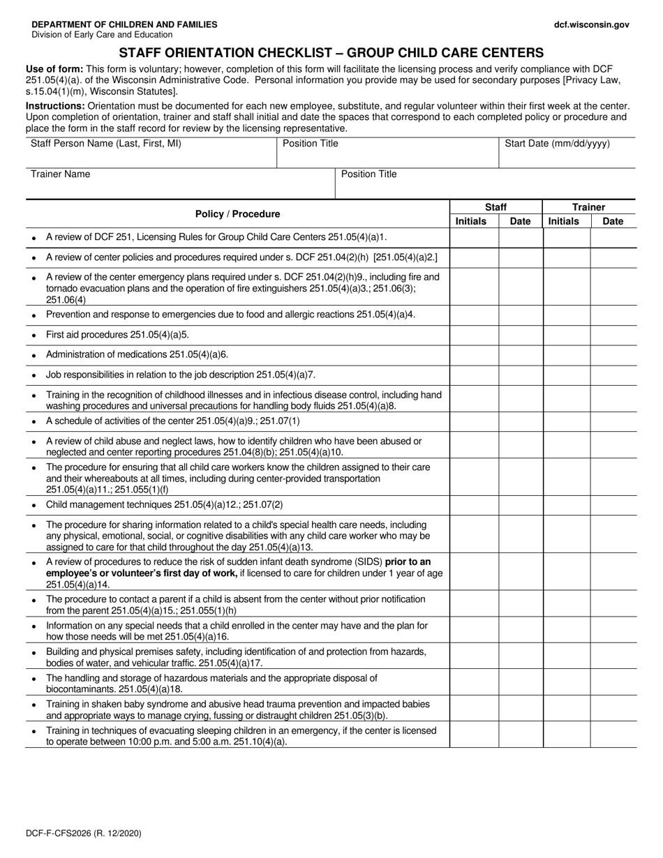 Form DCF-F-CFS2026 Staff Orientation Checklist - Group Child Care Centers - Wisconsin, Page 1
