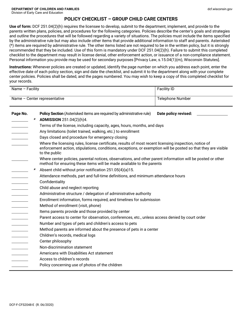 Form DCF-F-CFS2048-E Policy Checklist - Group Child Care Centers - Wisconsin, Page 1