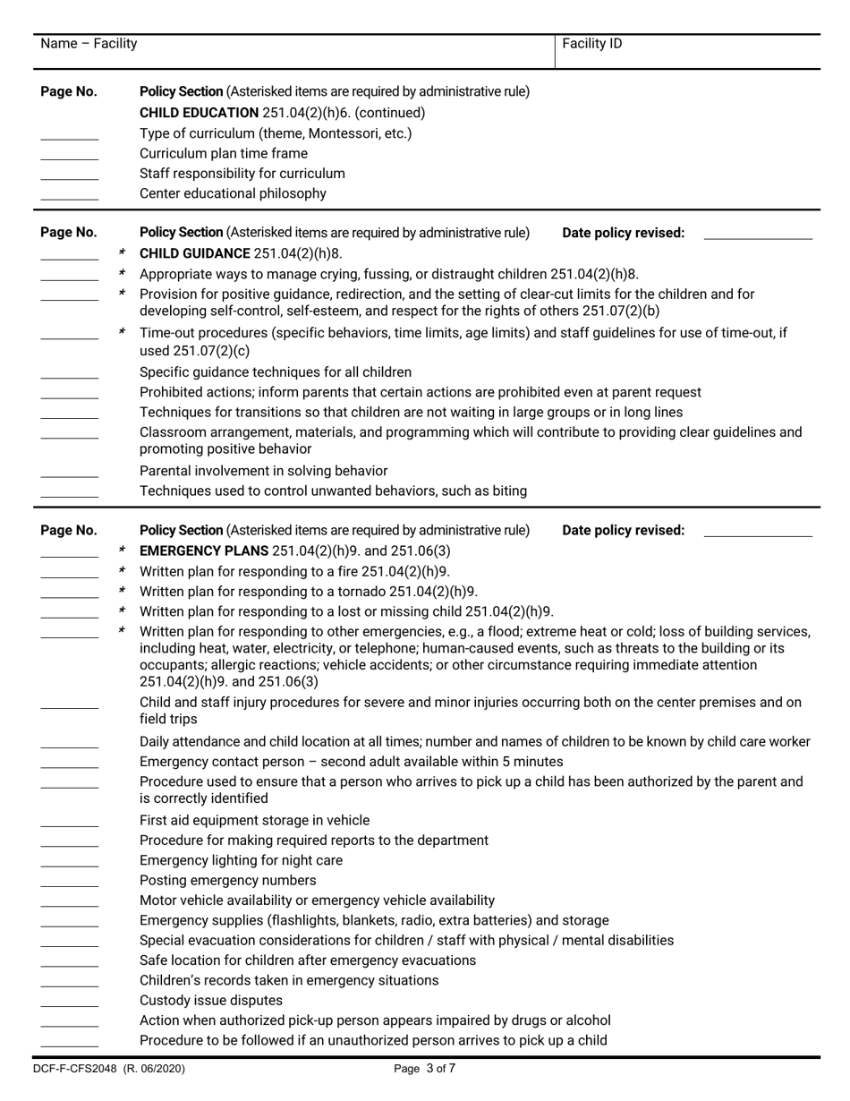 Form DCF-F-CFS2048-E Policy Checklist - Group Child Care Centers - Wisconsin, Page 3