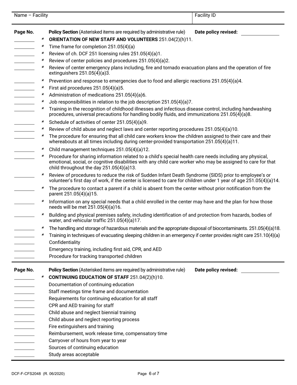 Form DCF-F-CFS2048-E Policy Checklist - Group Child Care Centers - Wisconsin, Page 6