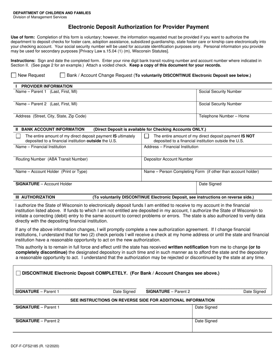 Form DCF-F-CFS2185 Electronic Deposit Authorization for Provider Payment - Wisconsin, Page 1