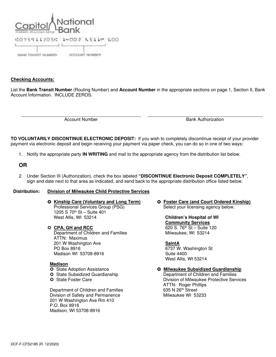 Form DCF-F-CFS2185 Electronic Deposit Authorization for Provider Payment - Wisconsin, Page 2