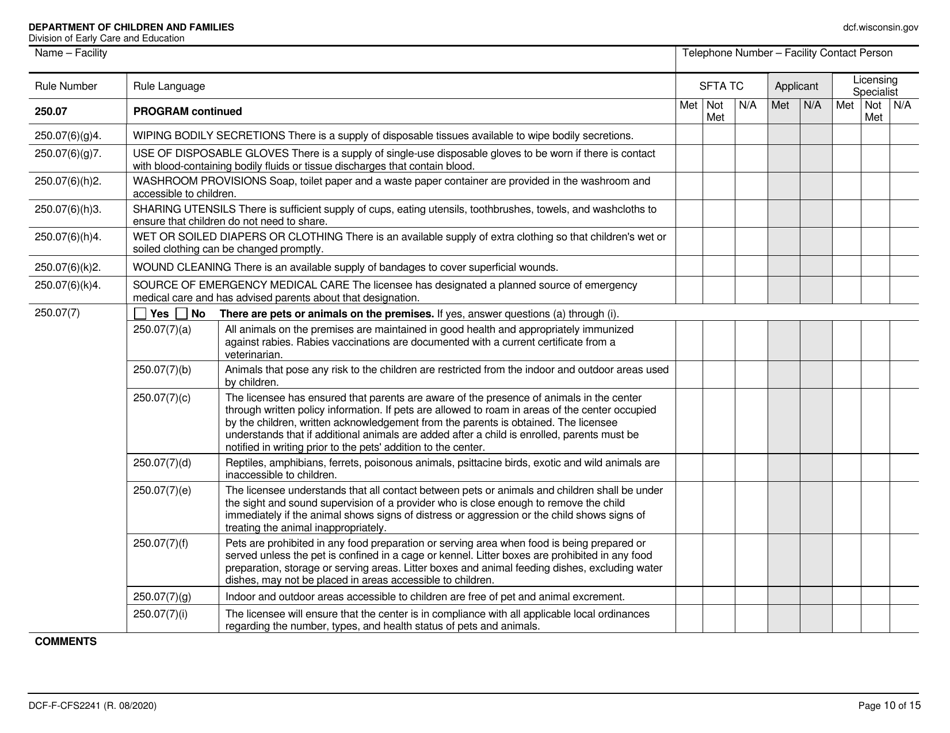Form DCF-F-CFS2241 Initial Licensing Checklist - Family Child Care Centers - Wisconsin, Page 10