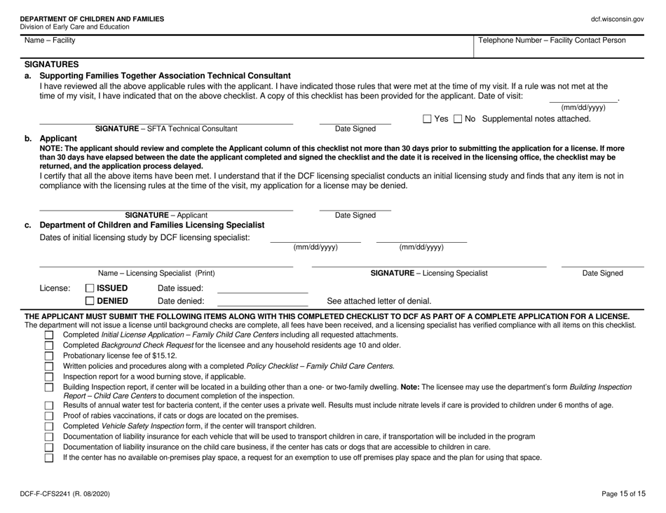 Form DCF-F-CFS2241 Initial Licensing Checklist - Family Child Care Centers - Wisconsin, Page 15