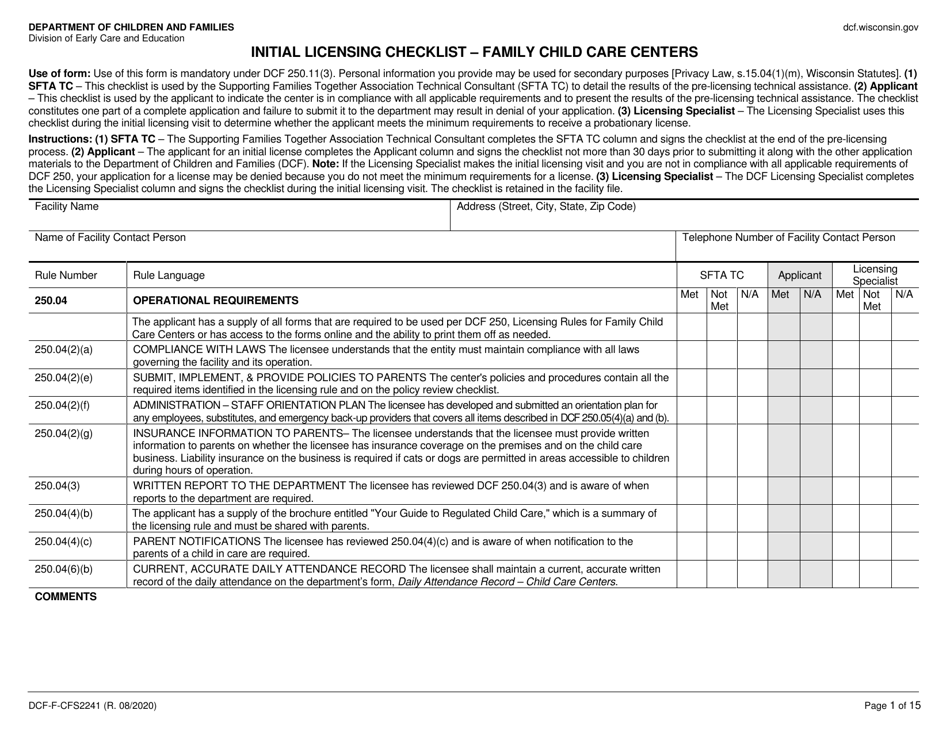 Form DCF-F-CFS2241 Initial Licensing Checklist - Family Child Care Centers - Wisconsin, Page 1