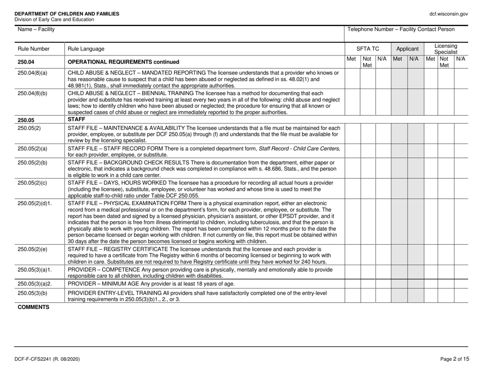 Form DCF-F-CFS2241 Initial Licensing Checklist - Family Child Care Centers - Wisconsin, Page 2