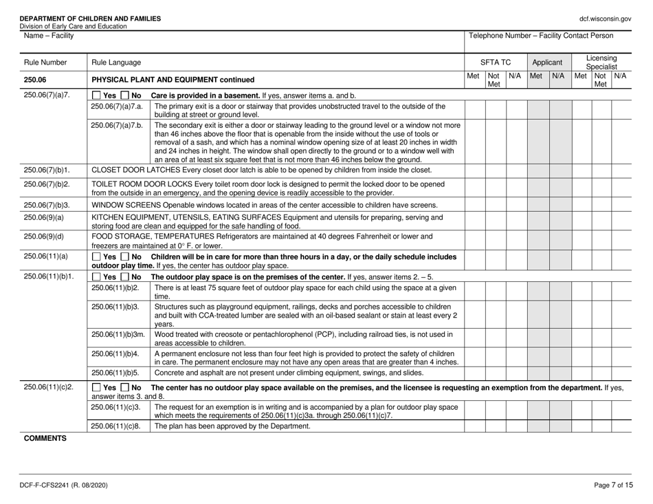 Form DCF-F-CFS2241 Initial Licensing Checklist - Family Child Care Centers - Wisconsin, Page 7