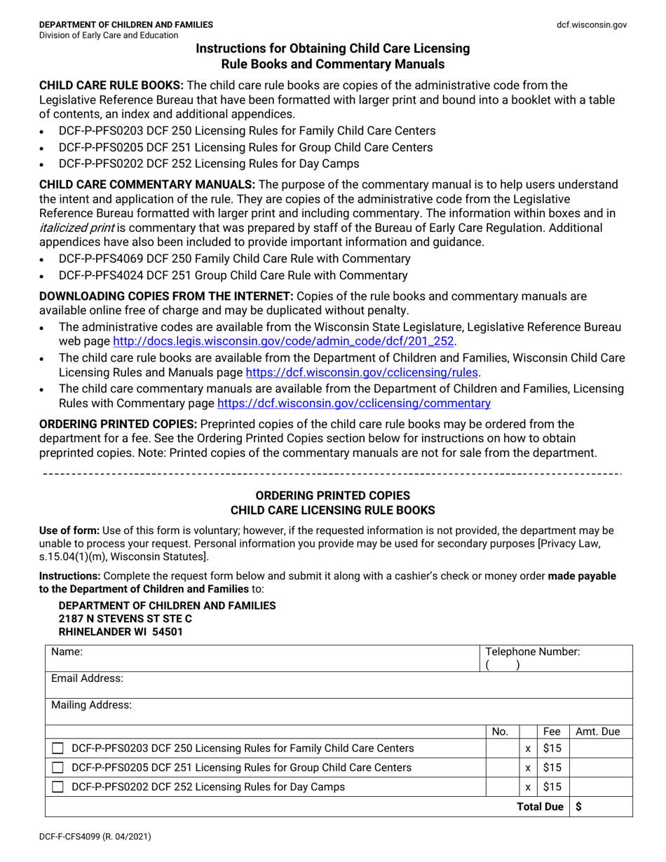 Form DCF-F-CFS4099 Instructions for Obtaining Child Care Licensing Rule Books and Commentary Manuals - Wisconsin, Page 1
