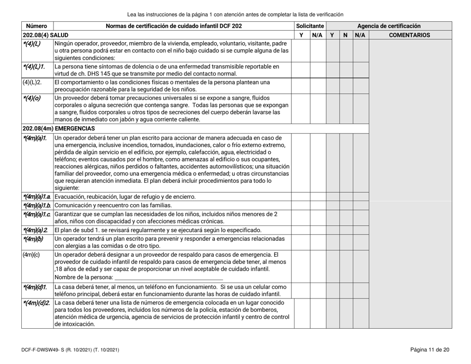 Formulario DCF-F-DWSW49-S Normas Y Lista De Verificacion - Certificacion De Cuidado Infantil Familiar / En La Casa - Wisconsin (Spanish), Page 11