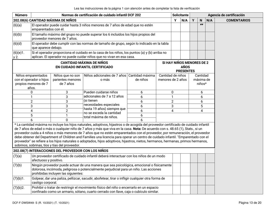 Formulario DCF-F-DWSW49-S Normas Y Lista De Verificacion - Certificacion De Cuidado Infantil Familiar / En La Casa - Wisconsin (Spanish), Page 13
