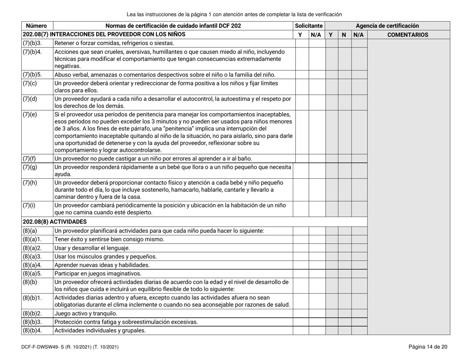 Formulario DCF-F-DWSW49-S Normas Y Lista De Verificacion - Certificacion De Cuidado Infantil Familiar / En La Casa - Wisconsin (Spanish), Page 14