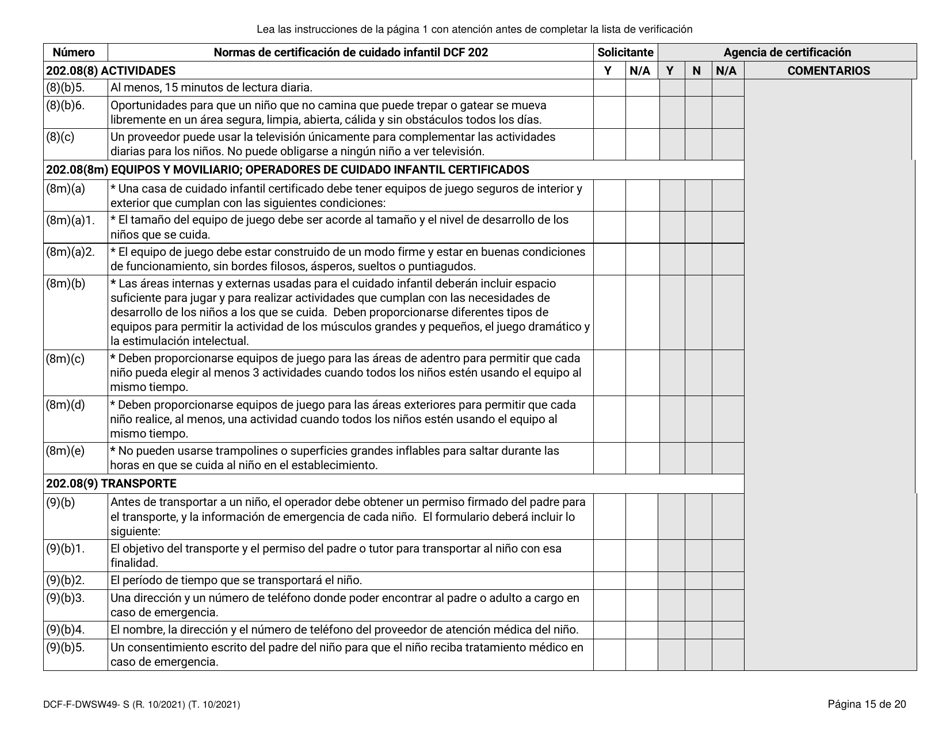 Formulario DCF-F-DWSW49-S Normas Y Lista De Verificacion - Certificacion De Cuidado Infantil Familiar / En La Casa - Wisconsin (Spanish), Page 15