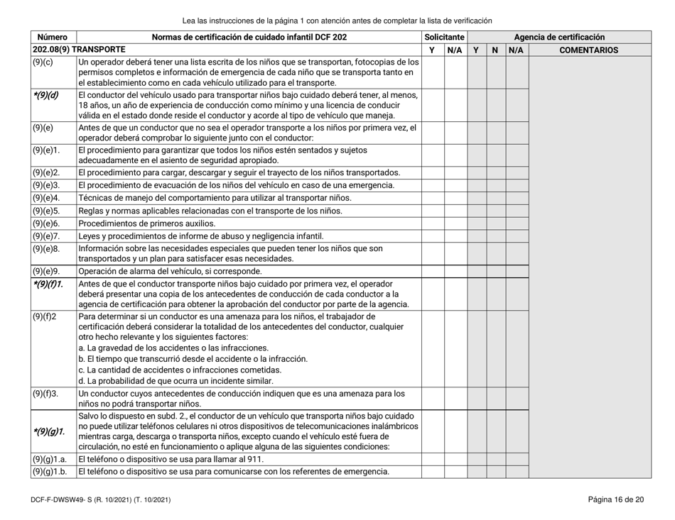 Formulario DCF-F-DWSW49-S Normas Y Lista De Verificacion - Certificacion De Cuidado Infantil Familiar / En La Casa - Wisconsin (Spanish), Page 16