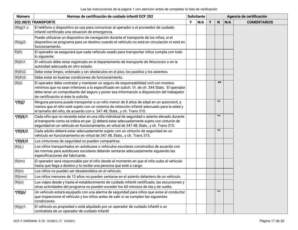 Formulario DCF-F-DWSW49-S Normas Y Lista De Verificacion - Certificacion De Cuidado Infantil Familiar / En La Casa - Wisconsin (Spanish), Page 17