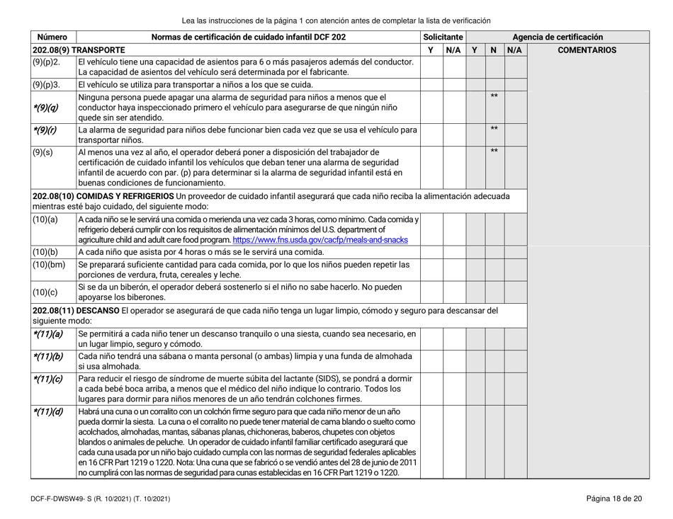 Formulario DCF-F-DWSW49-S Normas Y Lista De Verificacion - Certificacion De Cuidado Infantil Familiar / En La Casa - Wisconsin (Spanish), Page 18