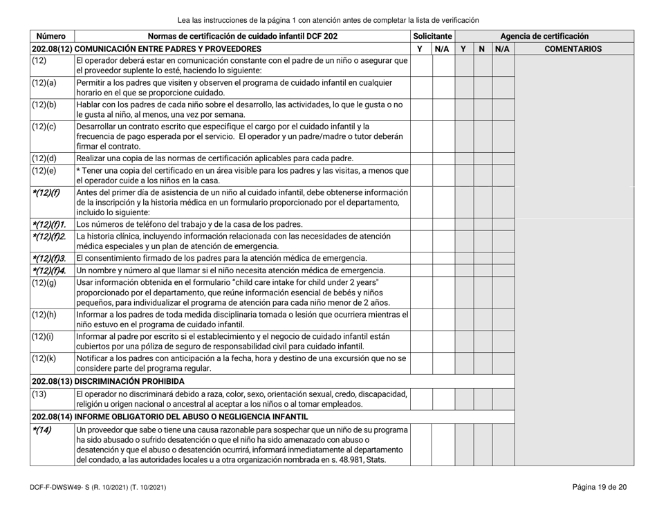 Formulario DCF-F-DWSW49-S Normas Y Lista De Verificacion - Certificacion De Cuidado Infantil Familiar / En La Casa - Wisconsin (Spanish), Page 19