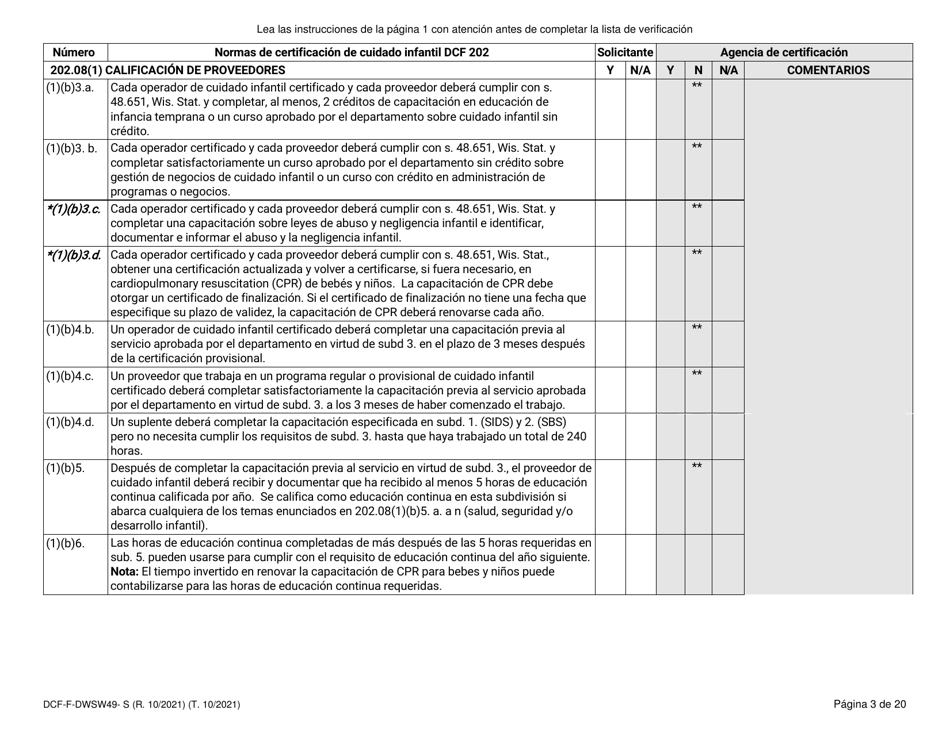 Formulario DCF-F-DWSW49-S Normas Y Lista De Verificacion - Certificacion De Cuidado Infantil Familiar / En La Casa - Wisconsin (Spanish), Page 3