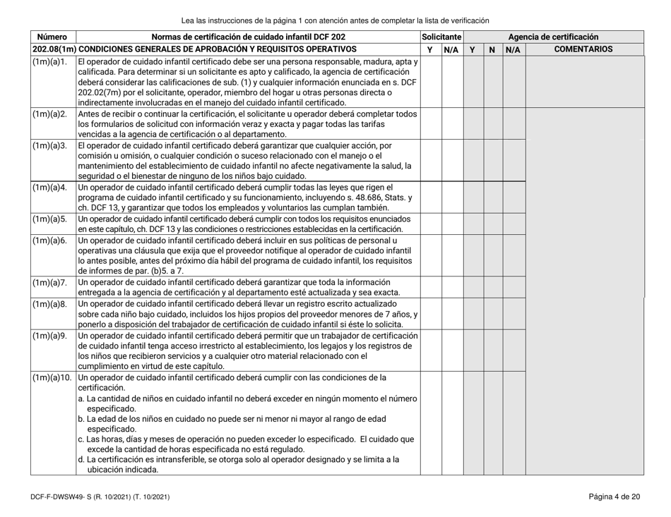 Formulario DCF-F-DWSW49-S Normas Y Lista De Verificacion - Certificacion De Cuidado Infantil Familiar / En La Casa - Wisconsin (Spanish), Page 4
