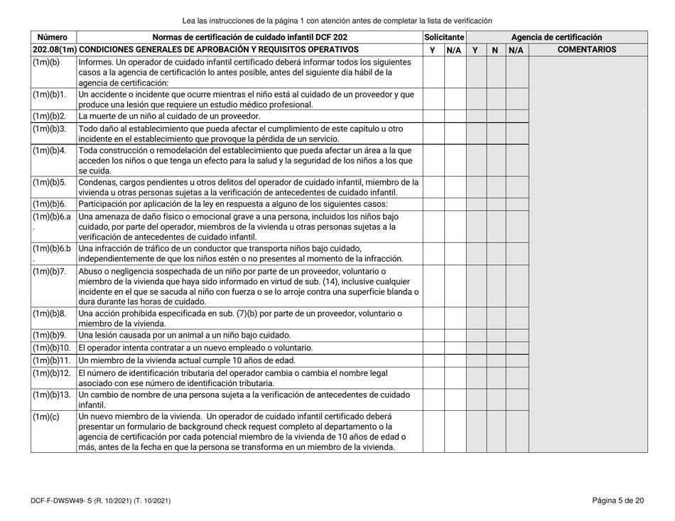 Formulario DCF-F-DWSW49-S Normas Y Lista De Verificacion - Certificacion De Cuidado Infantil Familiar / En La Casa - Wisconsin (Spanish), Page 5
