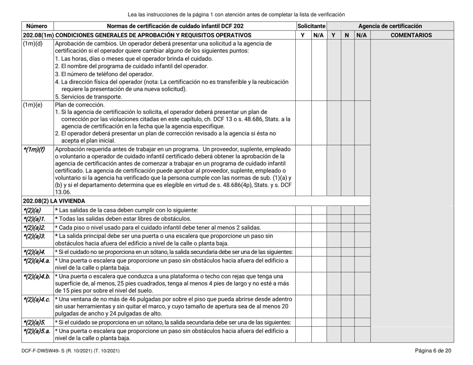 Formulario DCF-F-DWSW49-S Normas Y Lista De Verificacion - Certificacion De Cuidado Infantil Familiar / En La Casa - Wisconsin (Spanish), Page 6
