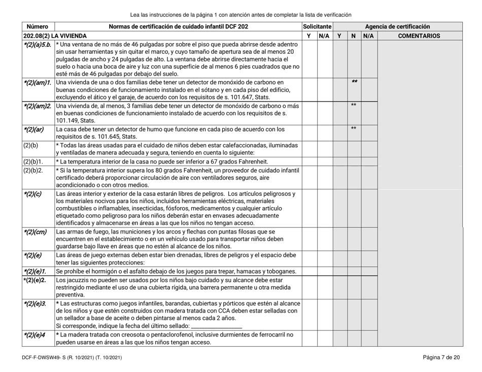 Formulario DCF-F-DWSW49-S Normas Y Lista De Verificacion - Certificacion De Cuidado Infantil Familiar / En La Casa - Wisconsin (Spanish), Page 7