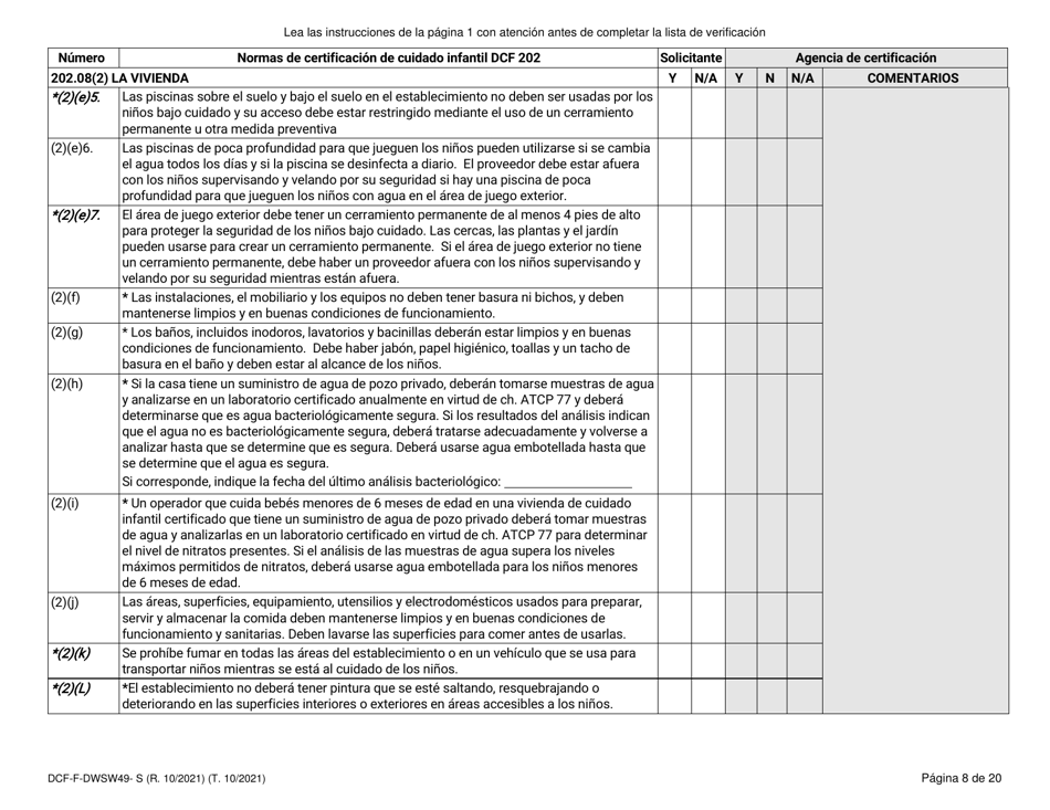 Formulario DCF-F-DWSW49-S Normas Y Lista De Verificacion - Certificacion De Cuidado Infantil Familiar / En La Casa - Wisconsin (Spanish), Page 8