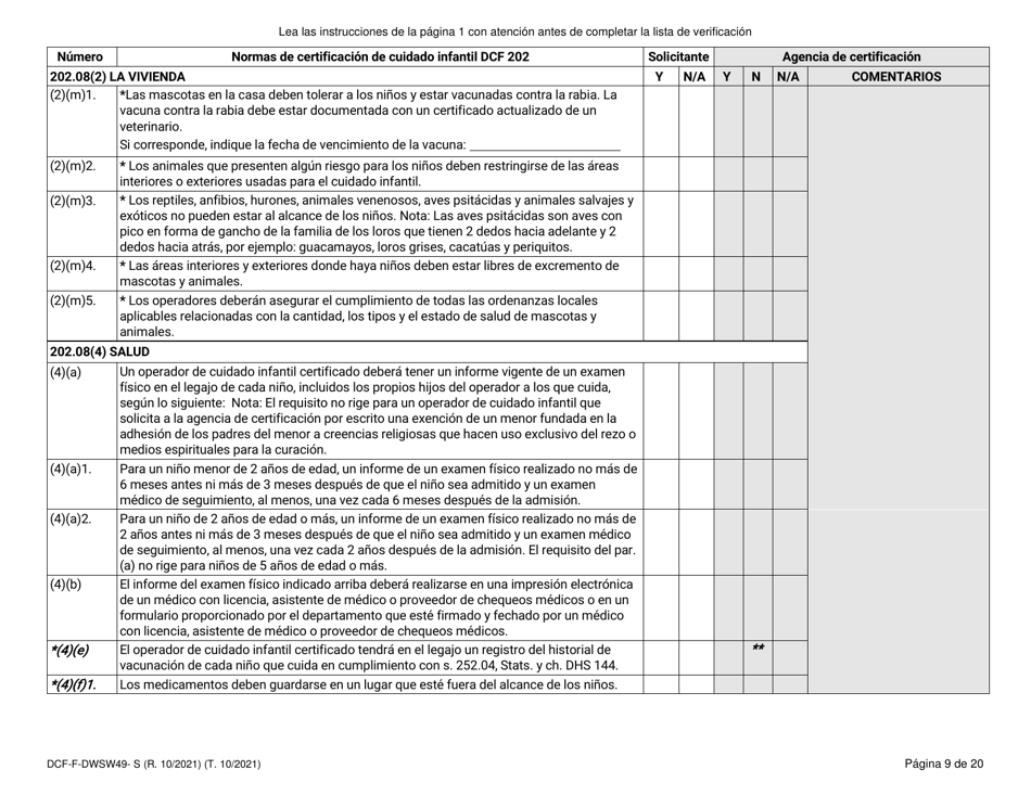 Formulario DCF-F-DWSW49-S Normas Y Lista De Verificacion - Certificacion De Cuidado Infantil Familiar / En La Casa - Wisconsin (Spanish), Page 9