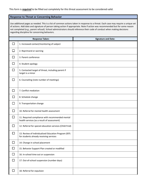 Wisconsin School Threat Assessment Form - Phase Iii - Response to Threat or Concerning Behavior - Wisconsin