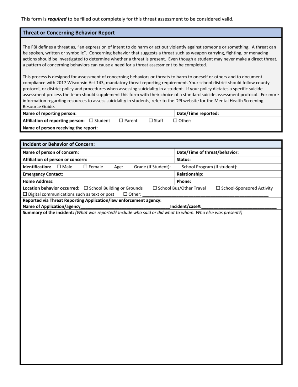 Wisconsin School Threat Assessment Form - Phase I - Threat or Concerning Behavior Report - Wisconsin, Page 1