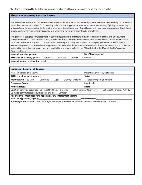 Wisconsin School Threat Assessment Form - Phase I - Threat or Concerning Behavior Report - Wisconsin Download Pdf