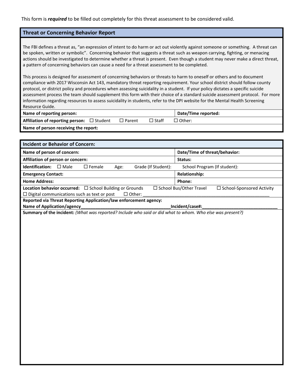 Wisconsin Wisconsin School Threat Assessment Form Phase I Threat or
