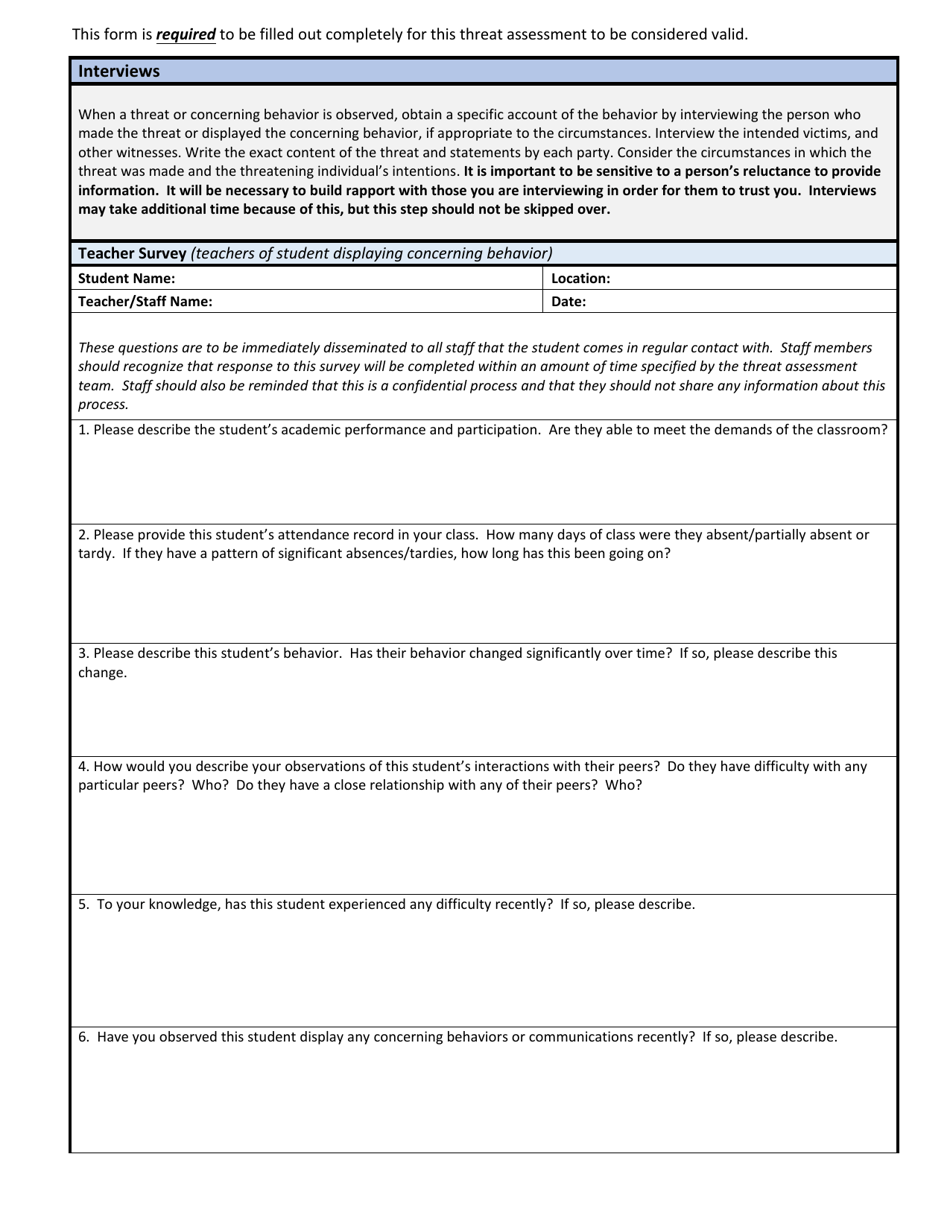 Wisconsin School Threat Assessment Form - Phase I - Teacher Survey - Wisconsin, Page 1