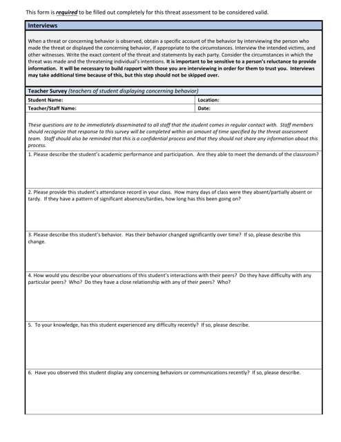 Wisconsin School Threat Assessment Form - Phase I - Teacher Survey - Wisconsin Download Pdf