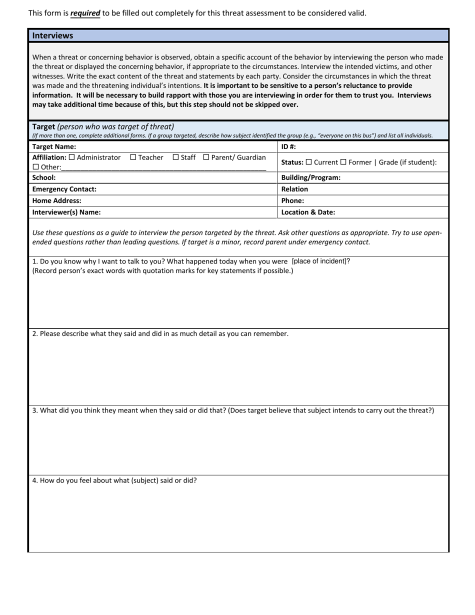 Wisconsin School Threat Assessment Form - Phase I - Target Interview - Wisconsin, Page 1