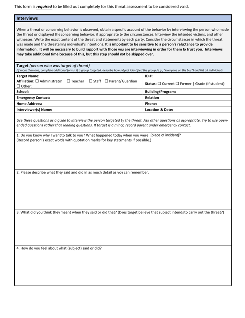 Wisconsin School Threat Assessment Form - Phase I - Target Interview - Wisconsin