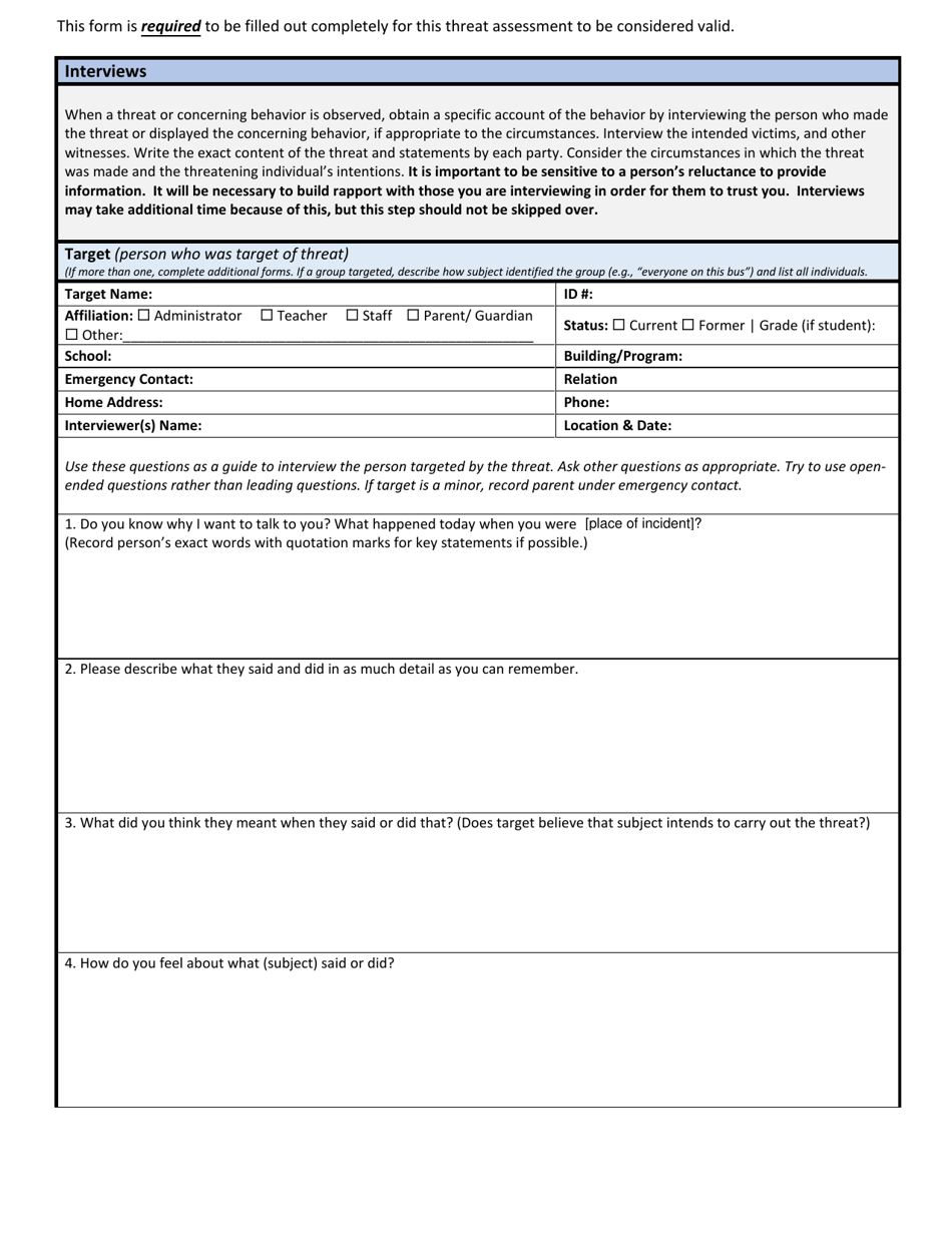 Wisconsin Wisconsin School Threat Assessment Form Phase I Target