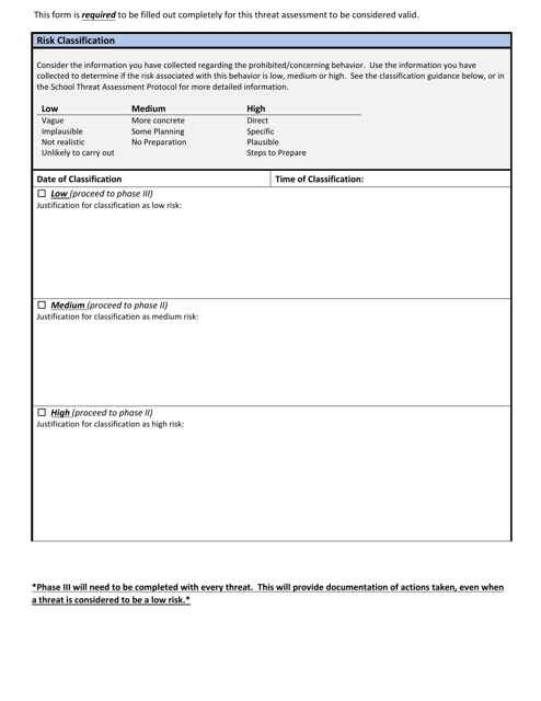 Wisconsin School Threat Assessment Form - Phase I - Risk Classification - Wisconsin
